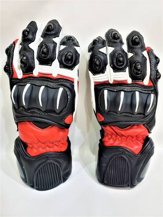 Red/Black/White Customize Leather Cowhide Motorcycle Gloves - Men & Women