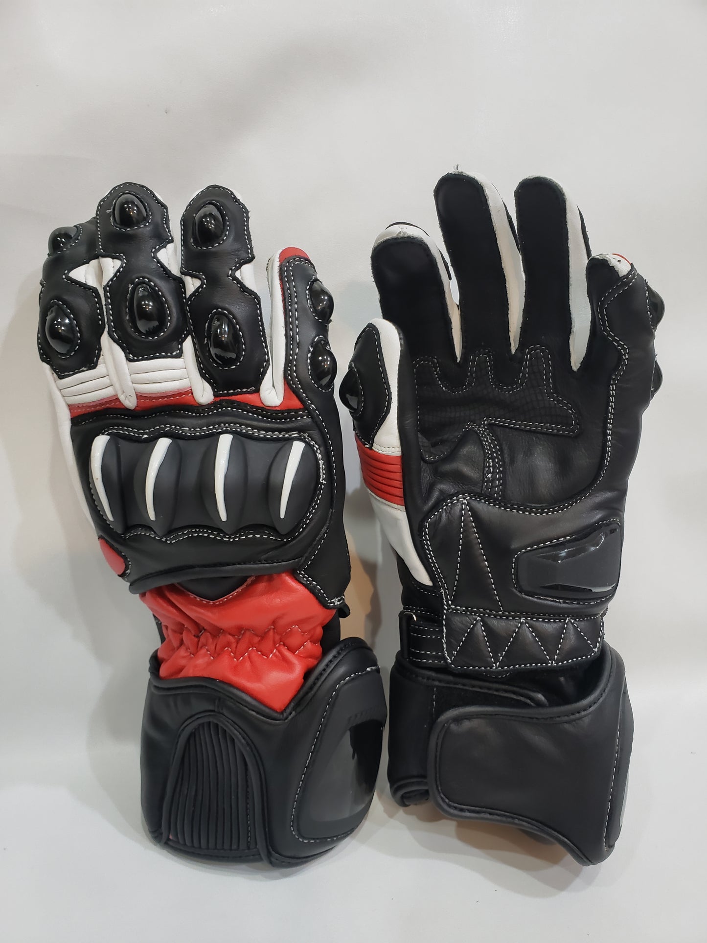 Customize Leather Cowhide Motorcycle Gloves-Men & Women Red/Black/White