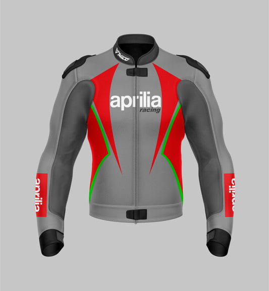 Aprilia Racing Motorcycle Leather Riding Jacket Red Grey