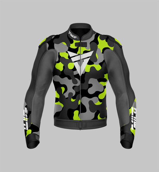 Premium Cowhide Leather Protective Jacket with CE Certified Protections and Custom Design by Milo Racing - Camouflage