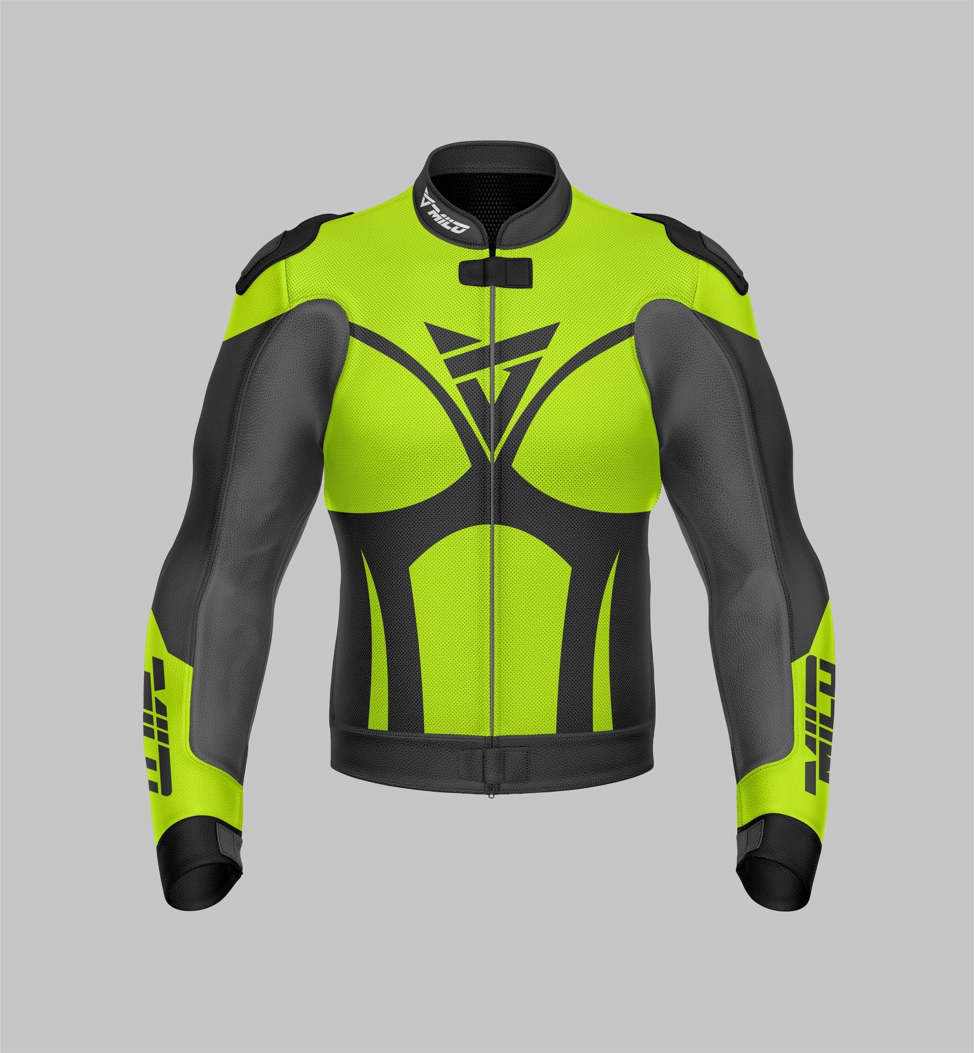 Custom Designed Perforated Leather Motorcycle Jacket by Milo Racing Yellow Fluorescent