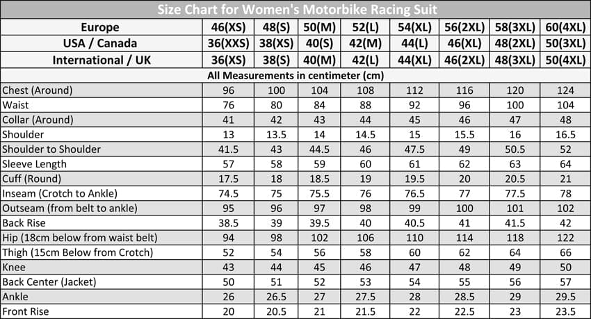 size chart for women's motorcycle racing suits