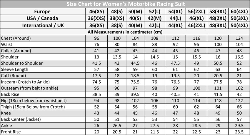 size chart for women motorcycle racing suits