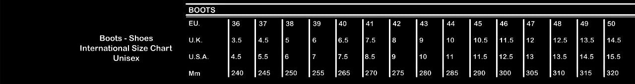 international size charts for unisex boots