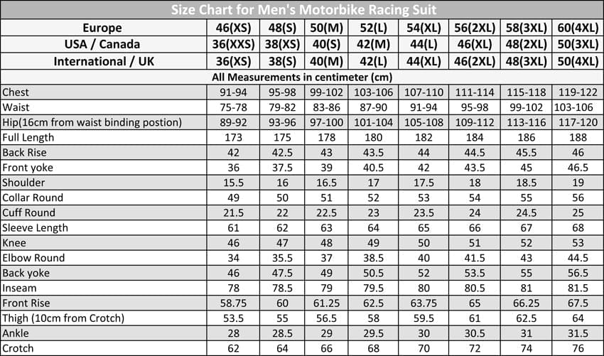 size chart for men's motorcycle racing suits