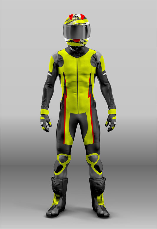Yellow Fluorescent Custom Motorcycle Suit: Design Your Own Leather One-Piece or Two-Piece Racing or Riding Suit