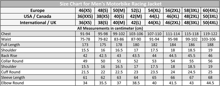 size chart for men's motorcycle racing suits