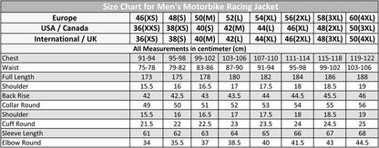 size chart for men's motorcycle racing suits