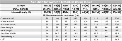 size chart for women's motorcycle racing suits